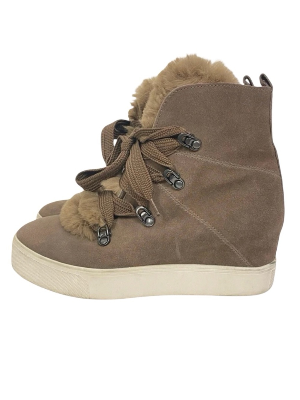 J Slides Faux Fur Wedge Whitney Sneakers Womens 8.5 Platform Booties Suede Taupe